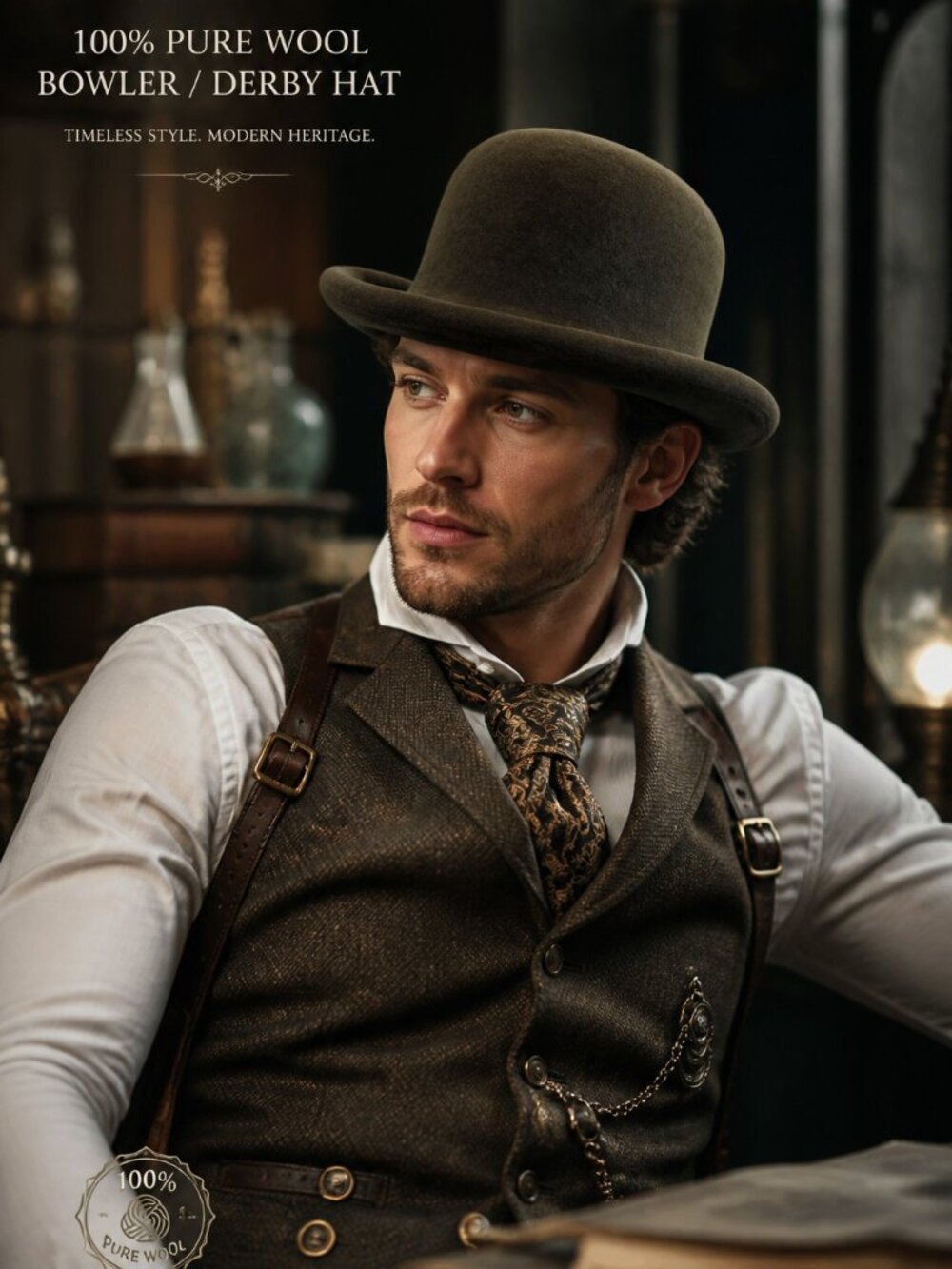 100% Pure Wool Olive Grn Bowler Hat Timeless Design, Steampunk, Modern, Bohemian - Picture 3 of 15